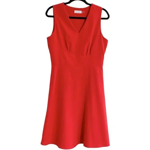 Calvin Klein Sleeveless V-Neck Amaranth Red Fit & Flare Woven Dress Size 10 - Picture 5 of 7